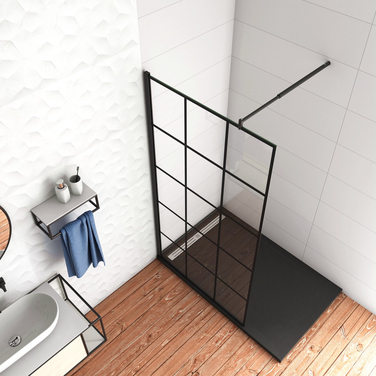 Inloopdouche 140x200cm met mat Zwart kader en raster, 8mm NANO EasyClean veiligheidsglas,stabilisatiestang 70-120cm