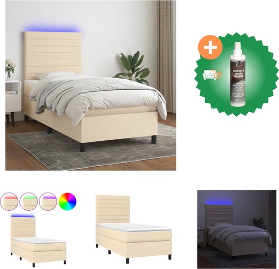 vidaXL Boxspring met matras en LED stof crèmekleurig 100x200 cm - Bed - Inclusief Reiniger