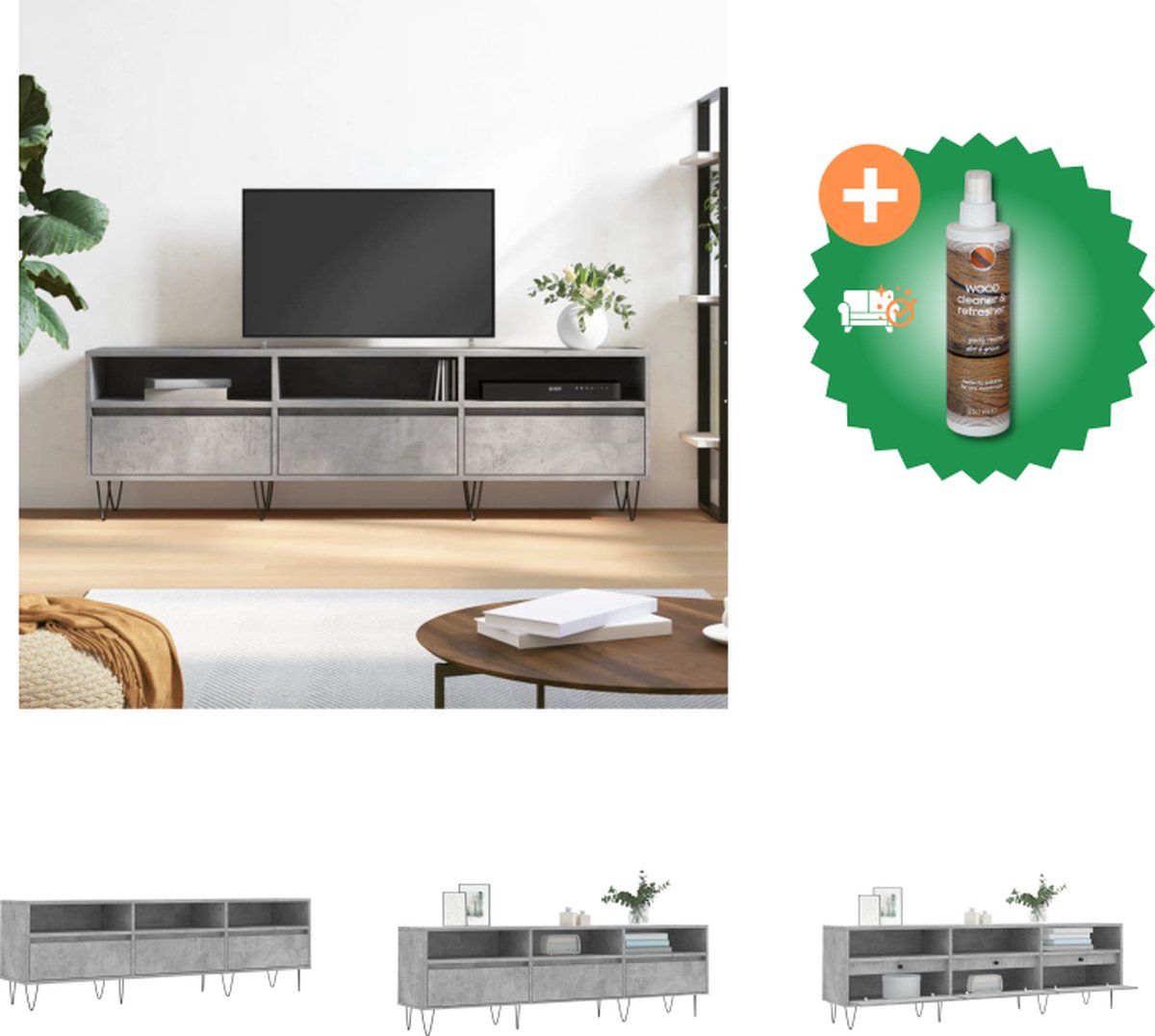 vidaXL Tv-meubel Betongrijs - 150 x 30 x 44.5 cm - Opbergruimte - Kast ...