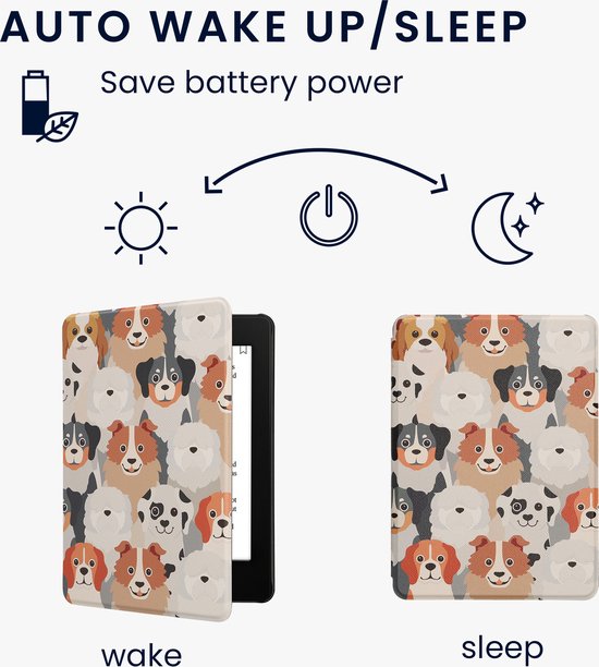 kwmobile e-reader hoesje geschikt voor Amazon Kindle Paperwhite 11. Generation 2021 hoes - E reader flip case met magnetische sluiting - Ereader cover - Honden Ontwerp design in wit / lichtbruin / grijs — afbeelding 2