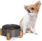 Relaxdays hondenvoerbak 850 ml - keramische hondenbak met bamboe houder - eetbak hond - grijs