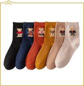 ATTREZZO® 6 paar sokken met Beer - maat 36-41 - 100% Katoen - Diverse kleuren - Altijd warme voeten!