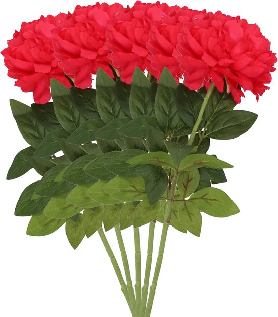 DK Design Kunstbloem pioenroos - 5x - rood - zijde - 71 cm - kunststof steel - decoratie bloemen