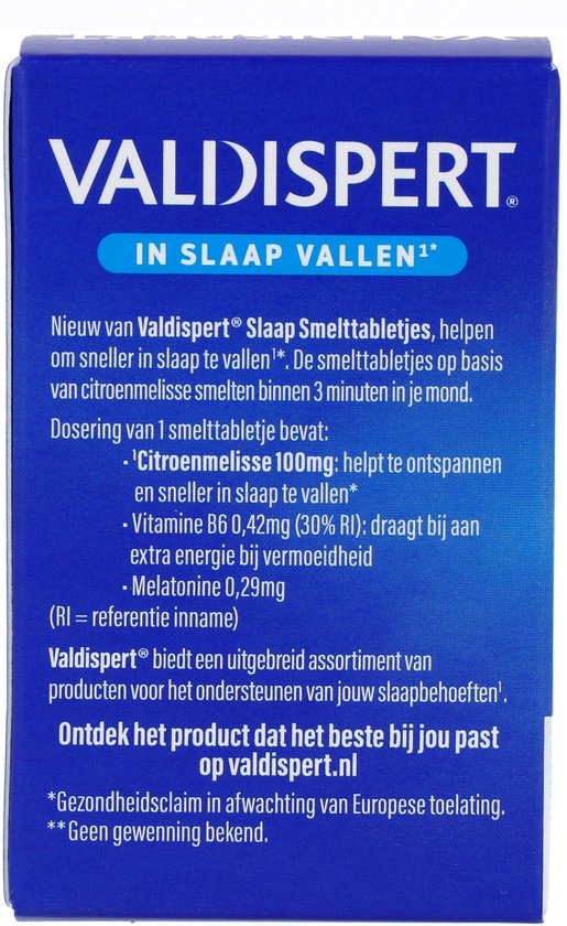 Achterkant Valdispert Slaap Smelttabletjes doosje. Helpt ontspannen en sneller in slaap vallen. Vitamine B6 en melatonine.