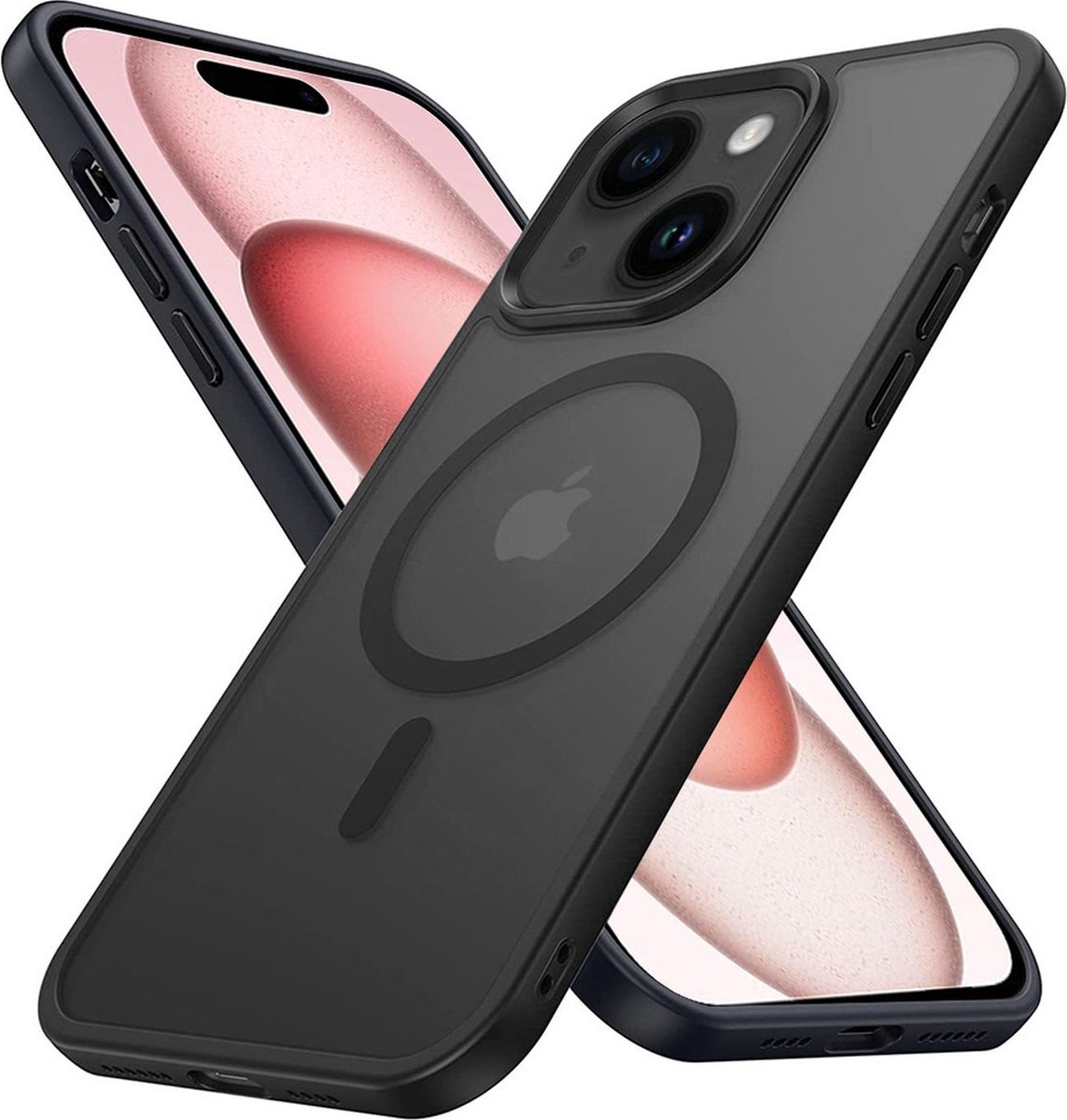 Cadorabo Hoesje geschikt voor Apple iPhone 15 PLUS in ZWART geschikt voor MagSafe - Hybride beschermhoes met TPU-siliconerand Case Cover en stevige achterkant