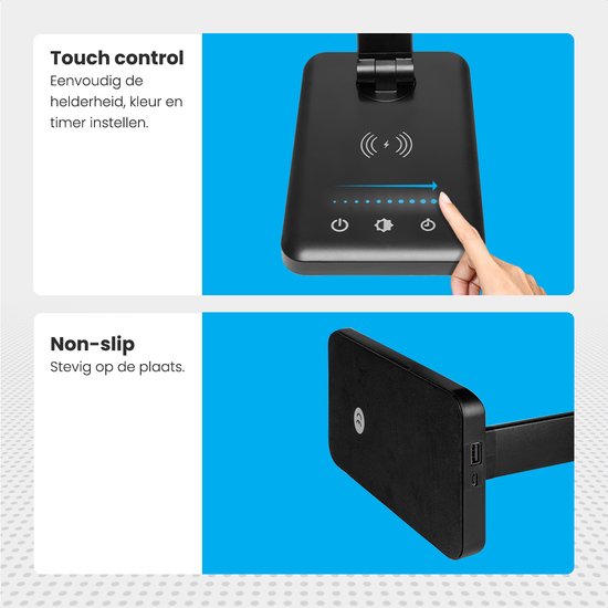 Hand die touch control gebruikt op de basis van de zwarte Auronic bureaulamp. Non-slip basis.