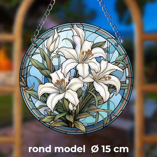 Allernieuwste.nl® Raamhanger Raamdecoratie Witte Lelies - Kleurige Zonnevanger Rond Acryl met Ketting - Suncatcher Rond model 15 cm %%