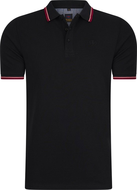 Zwart Mario Russo poloshirt met rode biesjes op kraag en mouwen.