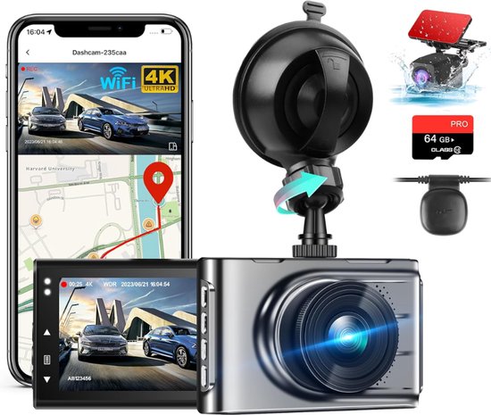 4K Dual Dashcam - SD Kaart Inbegrepen - Voor Auto Voor en Achter - Wifi & GPS - G-sensor modus