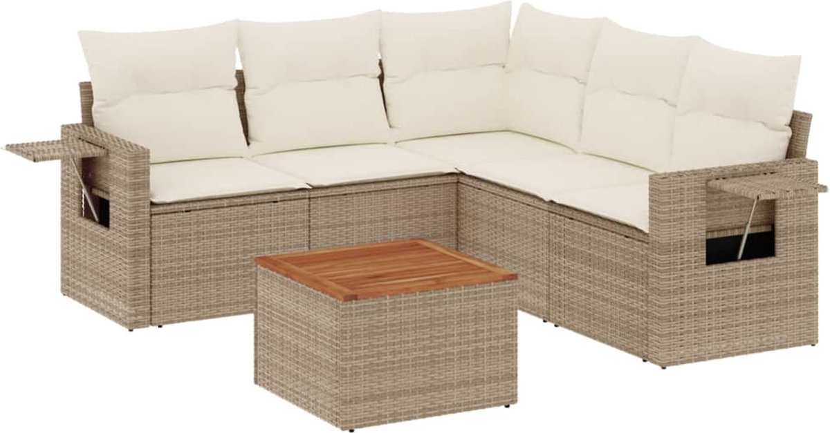 vidaXL 6-delige - Loungeset - met - kussens - poly - rattan - beige