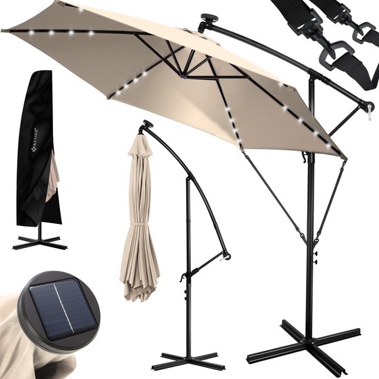 Parasol déporté KESSER® avec Siècle des Lumières Solar LED et pied 300 cm x 300 cm - Parasol rotatif à 360° Incl. Housse de protection Parasol de jardin Energie solaire - Beige Ø 3m