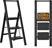 Kleine Ladder - Trap Ladder met 3 Treden - Inklapbaar met Leuning - Huishoudladder met Verbrede Antislip Treden - Multifunctionele Ladder - Belastbaar tot 150 kg - Zwart