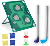 Eddy Toys Set de Golf et cornhole 2 en 1 – Jouets de plein air Garçons et Filles – Avec Balles de golf, poufs, Clubs de golf et plateau de jeu – Jeu de lancer de Jouets et mini golf – Plastique – Vert