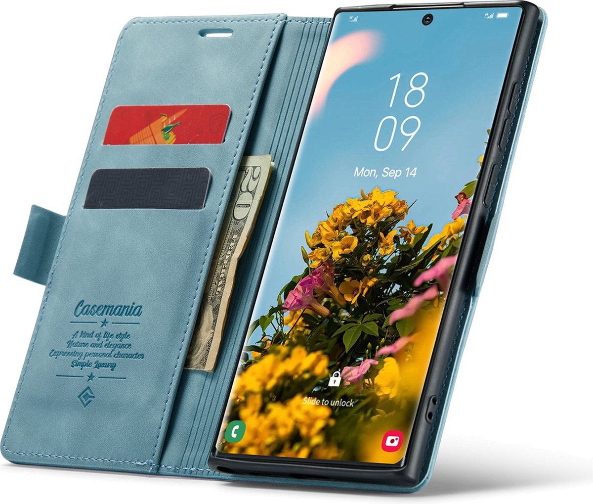 Samsung Galaxy S23 Ultra Bookcase hoesje - CaseMe - Effen Aqua - Kunstleer