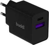 Buddi USB / USB-C GaN Mini Oplader | Universele 20W Snellader PPS | 3A USB-C Power Delivery | 2.4A USB-A Quick Charge 4.0 | Compact | Twee Poorten | Universeel voor o.a. iPhone en Samsung | Zwart