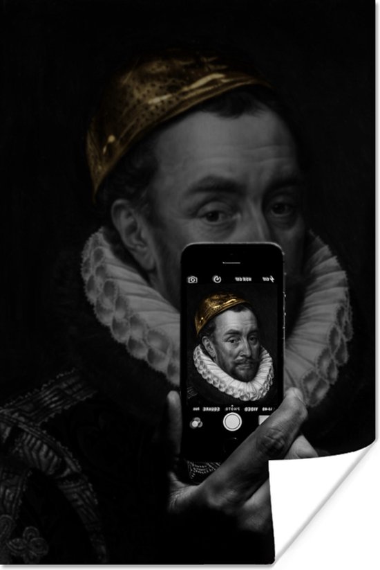 Willem van Oranje door Oude Meester Adriaen Thomasz maakt een selfie met een smartphone 40x60 cm - Foto print op Poster (wanddecoratie woonkamer / slaapkamer)