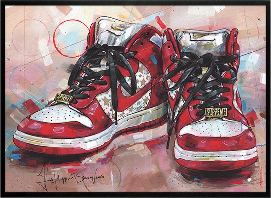 Sneaker print pro SB red stars vullend 71x51 cm *ingelijst & gesigneerd