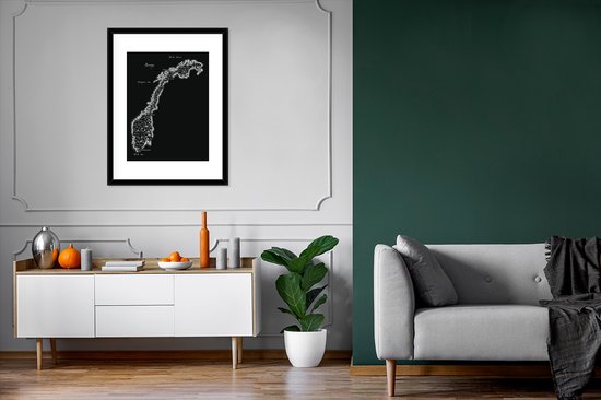 Photo encadrée - Carte Zwart et blanc des montagnes et plans d'eau en Norvège Cadre photo 60x80 cm - Affiche encadrée (Décoration murale salon / chambre)