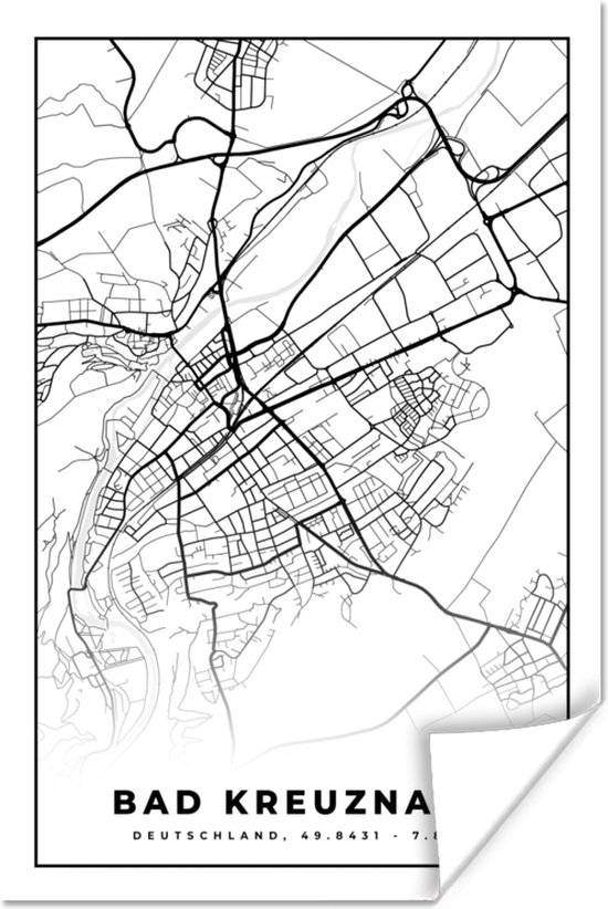 Poster Carte - Carte - Bain Kreuznach - Plan de la ville - 60x90 cm