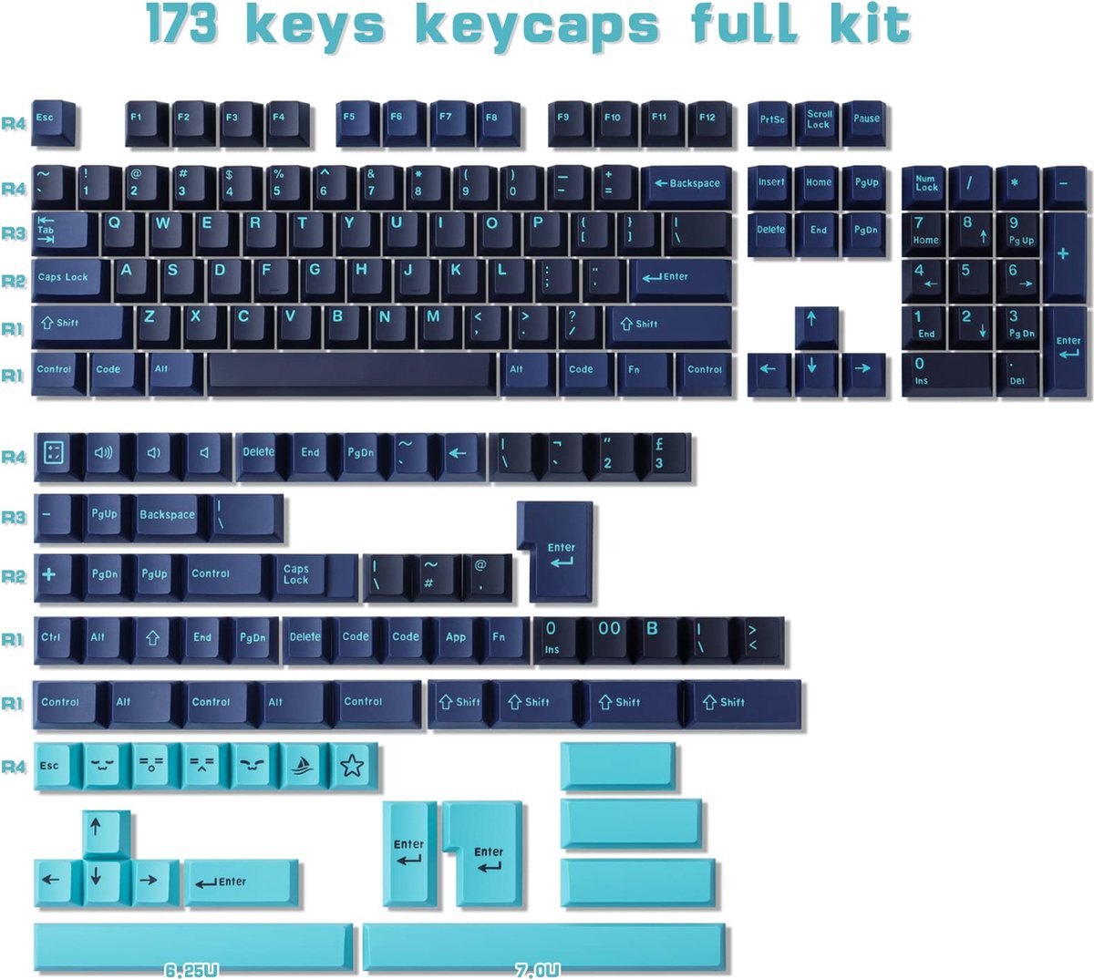 Beroli - Keycaps - Dubbel-shot ABS Keycaps - 173 Toetsen - Cherry Profiel - Aangepaste Keycaps voor ANSI (US) & ISO (UK) Lay-out - Cherry MX Gateron Schakelaars - Mechanische Toetsenbord