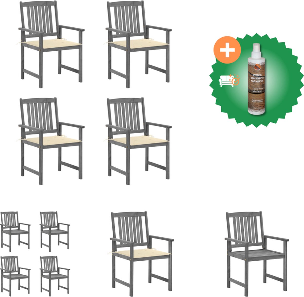 VidaXL Buitenstoelen Gelatte houten 61x57x92 cm Grijs Massief acaciahout 4x stoel + 4x zitkussen Tuinstoel Inclusief Houtreiniger en verfrisser