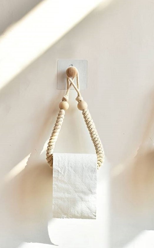Porte-Papier Toilette Autocollant Bois Corde Chanvre - Sans Perçage Style Vintage Bohème