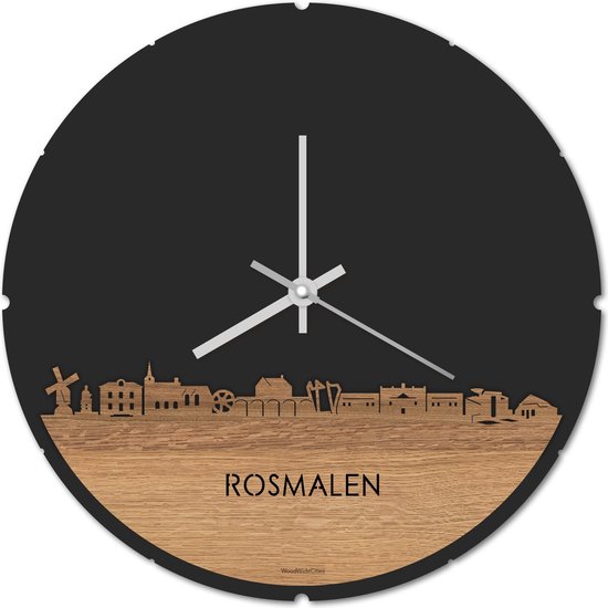 Skyline Klok Rond Rosmalen Eikenhout - Ø 44 cm - Stil uurwerk - Wanddecoratie - Meer steden beschikbaar - Woonkamer idee - Woondecoratie - City Art - Steden kunst - Cadeau voor hem - Cadeau voor haar - Jubileum - Trouwerij - Housewarming -