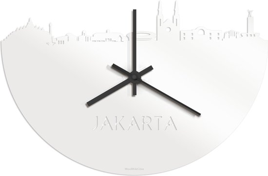 Skyline Klok Jakarta Wit Glanzend - Ø 40 cm - Stil uurwerk - Wanddecoratie - Meer steden beschikbaar - Woonkamer idee - Woondecoratie - City Art - Steden kunst - Cadeau voor hem - Cadeau voor haar - Jubileum - Trouwerij - Housewarming -