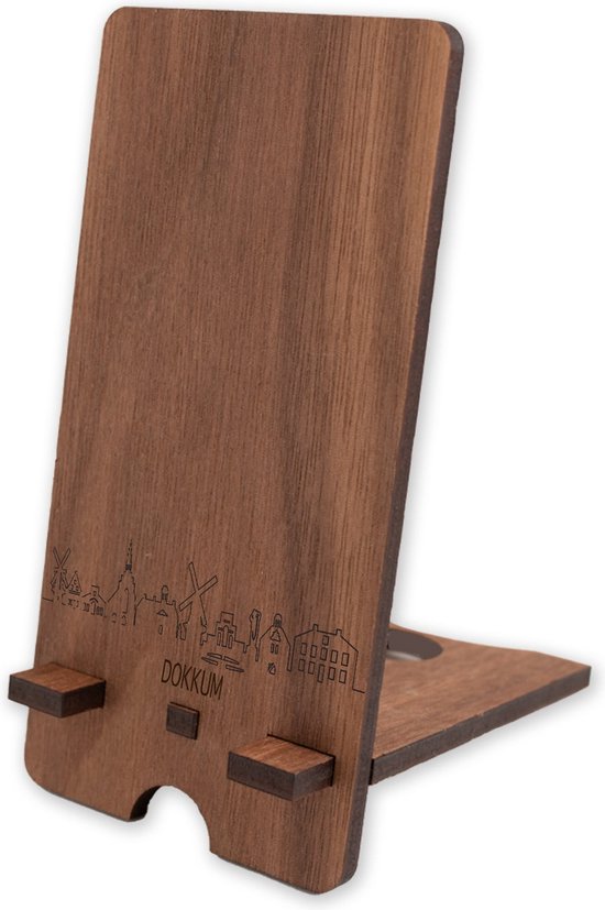 Skyline Telefoonhouder Dokkum Eikenhout - Smartphone Tablet Houder 7x15 cm - iPad / iPhone / Smartphone tafel standaard desktop - Thuis werken - Cadeau - WoodWideCities