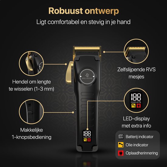 Robuuste zwarte tondeuse met gouden details, zelf slijpende mesjes, hendel voor lengte, 1-knopsbediening en LED-display.