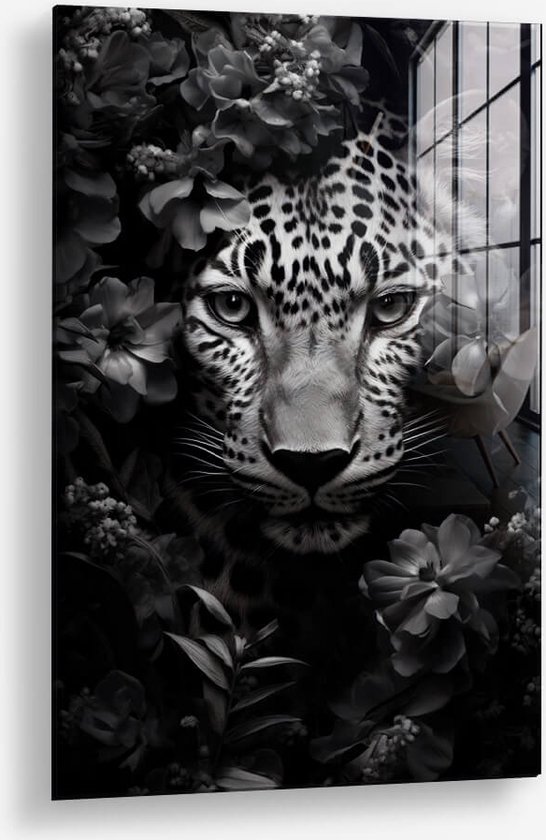 Wallfield™ - Flower Leopard | Glasschilderij | Gehard glas | | Magnetisch Ophangsysteem