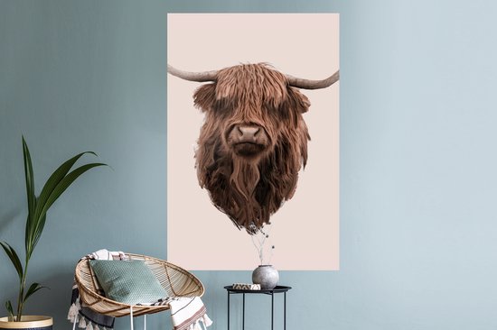 Muurstickers - Sticker Folie - Kop - Schotse Hooglander - Illustratie - 80x120 cm - Plakfolie - Muurstickers Kinderkamer - Zelfklevend Behang - Zelfklevend behangpapier - Stickerfolie