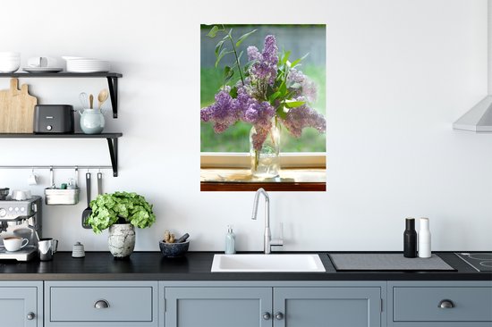 Sticker Muursticker Lilas - Vase en Verres avec lilas - 60x80 cm - film adhésif autocollant - sticker mural repositionnable