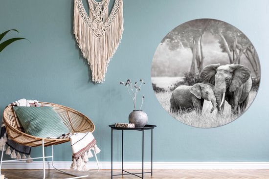 Cercle mural - Cercle mural intérieur - Bébé éléphant avec sa mère en noir et blanc - ⌀ 120 cm - Décoration murale - Peintures ronds XXL