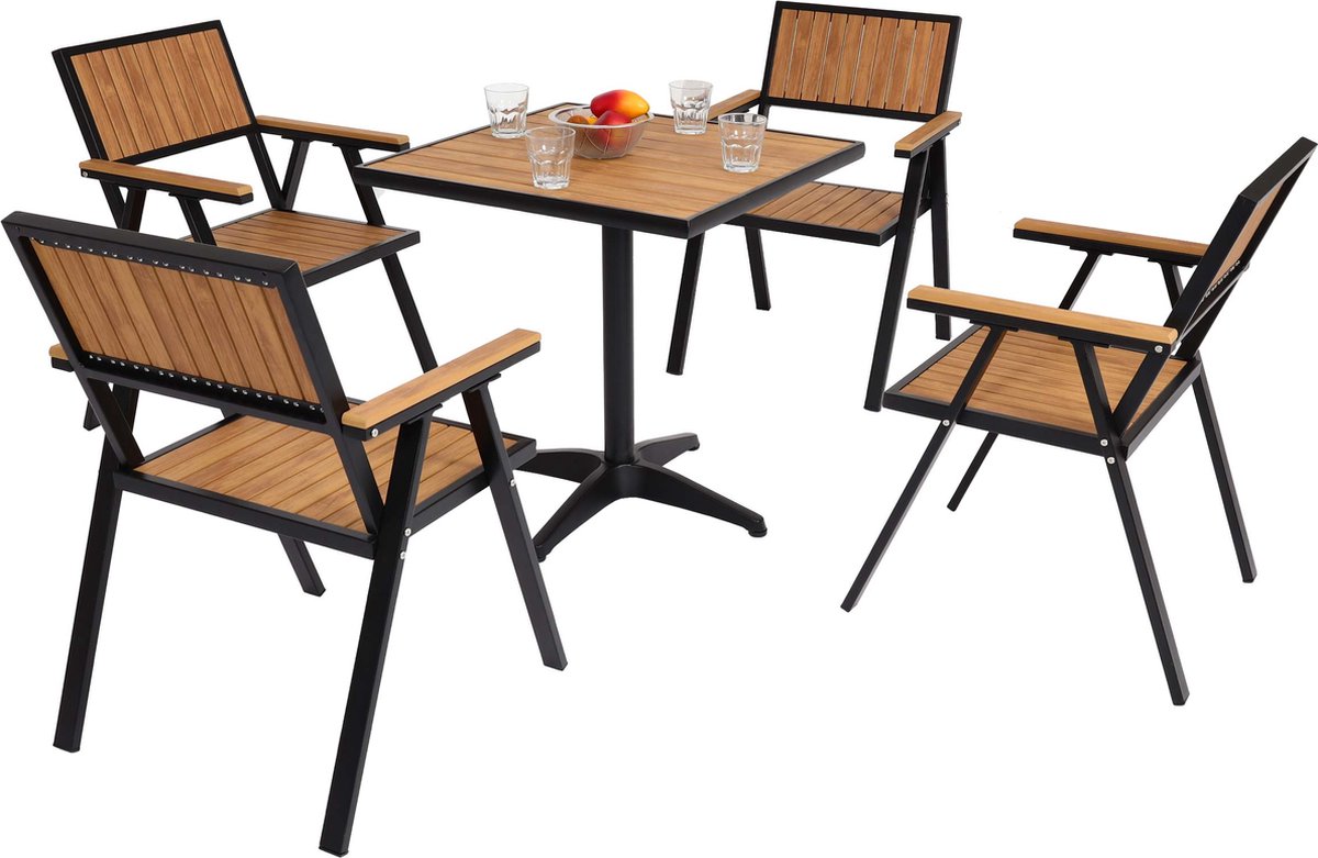 Cosmo Casa Set Van 4 Tuinstoelen - Tuintafel - Stoeltafel - Gastro Outdoor Coating - Aluminium - Houtlook - Zwart, Teak