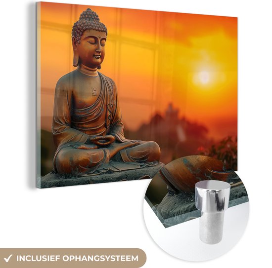 Foto: Muchowow glasschilderij 120x80 cm schilderij acrylglas boeddha beeld zonsondergang buddha zen japan foto op glas muurdecoratie woonkamer wanddecoratie slaapkamer schilderijen