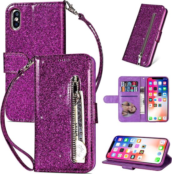 Étui portefeuille - Étui portefeuille - Fermeture éclair à Glitter scintillantes - Étui de téléphone avec Kord Convient pour : Apple iPhone X / XS - Violet