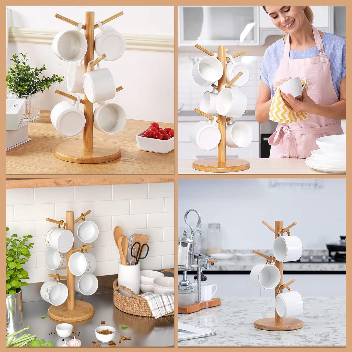 LYFJXX Koffiekophouder wandmontage met 8 haken, 2 stuks houten koffiekophouder met koffieteken, theekophaak voor bar, keukenorganizer display, koffiehoek decoratie (Blauw-2stuks