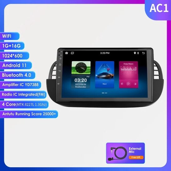 Compatibel for Wireless Carplay Android Auto Android 9 Auto Stereo Compatibel for Fiat 500 2007-2015 7 Touch Screen Radio met DVR, GPS Sat Nav, WiFi, SWC,BT,FM RDS,Mirror Link,Canbus[1 32G