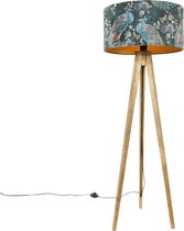 QAZQA tripod_classic - Landelijke Tripod | driepoot vloerlamp | Staande Lamp - 1 lichts - H 136 cm - Groene pauw print - Woonkamer | Slaapkamer