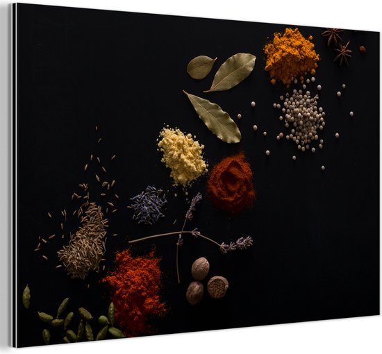 Décoration murale Métal - Peinture Aluminium - Différentes herbes sur fond noir - 90x60 cm - Dibond