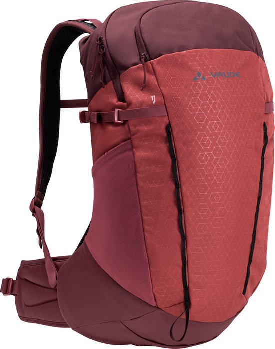 Zijaanzicht van de bordeauxrode rugzak met rood voorpaneel met honingraatpatroon.