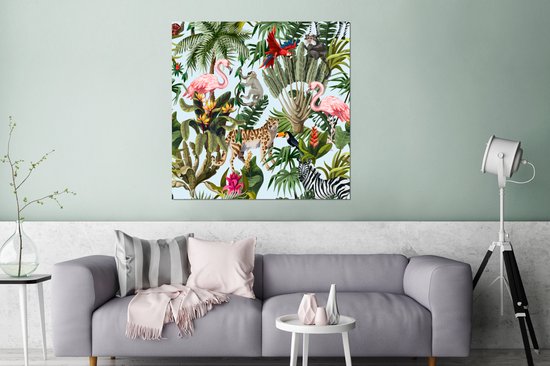 Wanddecoratie Metaal - Aluminium Schilderij Industrieel - Jungle - Dieren - Meisjes - Kinderen - Jongens - Flamingo - Papegaai - 90x90 cm - Dibond - Foto op aluminium - Industriële muurdecoratie - Voor de woonkamer/slaapkamer