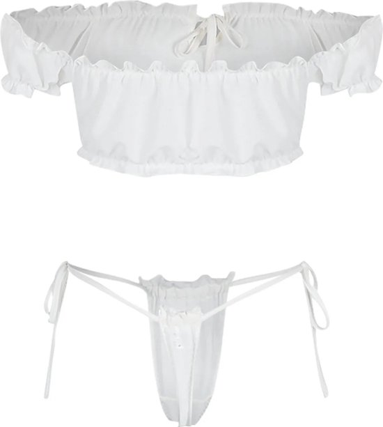 Wit doorschijnend off-shoulder crop topje met ruches, gecombineerd met een witte string.