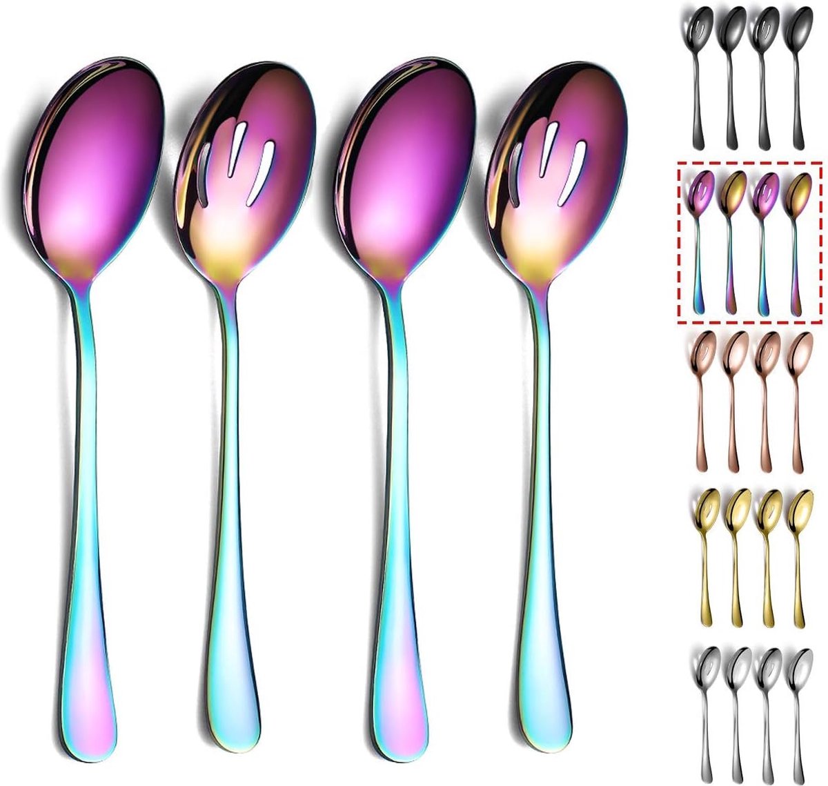 Rainbow opscheplepels, set van 4, inclusief 2 opscheplepels en 2 gleuflepels, roestvrijstalen serveergerei, serveerset, 4 stuks