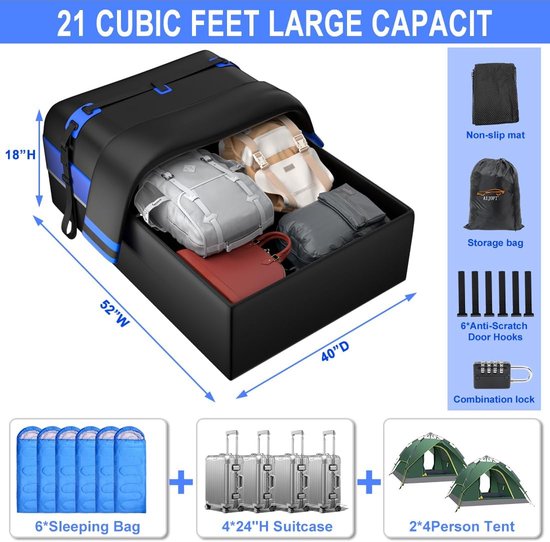 Dakkoffers voor Auto (585 liter). Waterdicht Auto Cargo Daktas Flexibel van Oxford 600 PVC Binnenvoering met 6 Riemen Voor Installatie met of Zonder Imperiaal. (130x100x45cm
