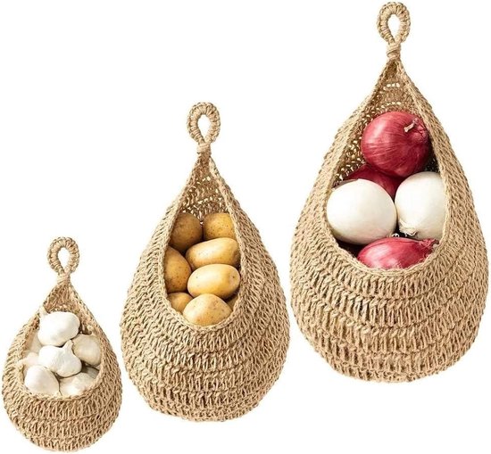 Panier à Fruits Suspendu En Jute - 25x31cm - Rangement Cuisine Murale Pour Fruits, Légumes Ou Snacks - Naturel