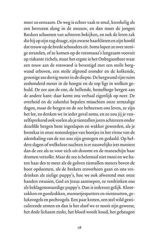 Tekstpagina met beschrijving van de zee, sneeuw, bergen, vogels, puppy's en bloed.