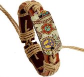 Lederen Schuifknoop Armband Bruin Flower Power Handmade.