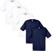 5 Fruit of the Loom Original T-shirt 100% katoen wit en marineblauw S